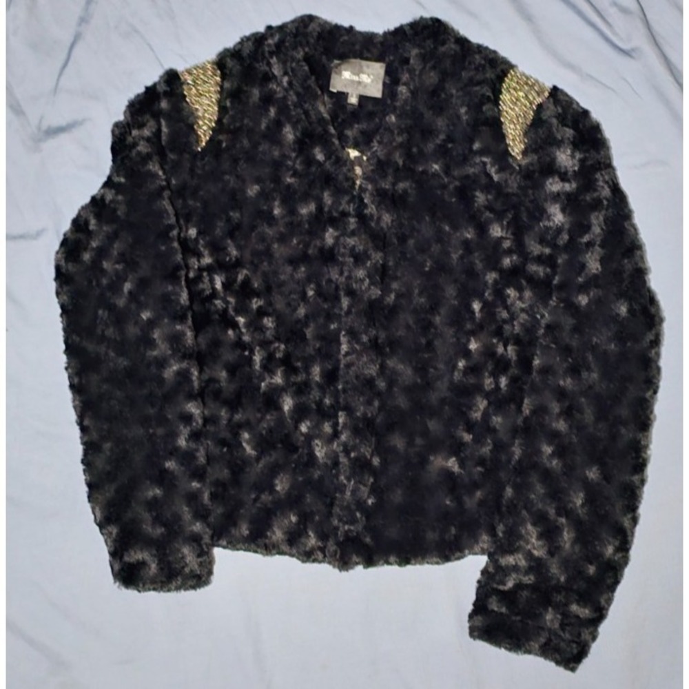 Y2K Miss Me Black Faux Fur Jacket Small Beaded Bling Sweater Coat Vintage 2000s